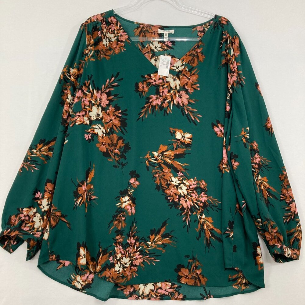 New Maurices size 2X Green Brown Floral V Neck Long Sleeve Relaxed Blouse